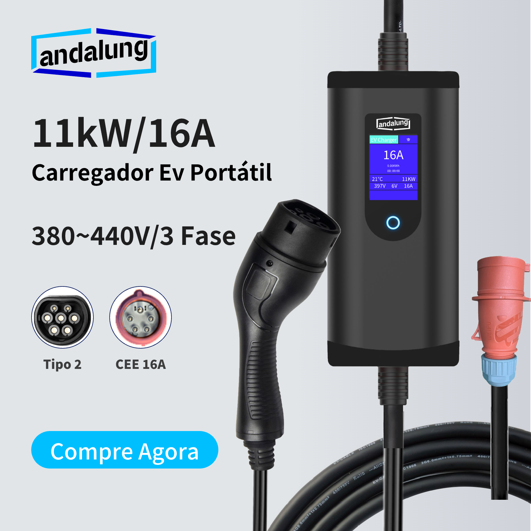 Cargador Portátil Andalung – 11 kW – Cable 7 m