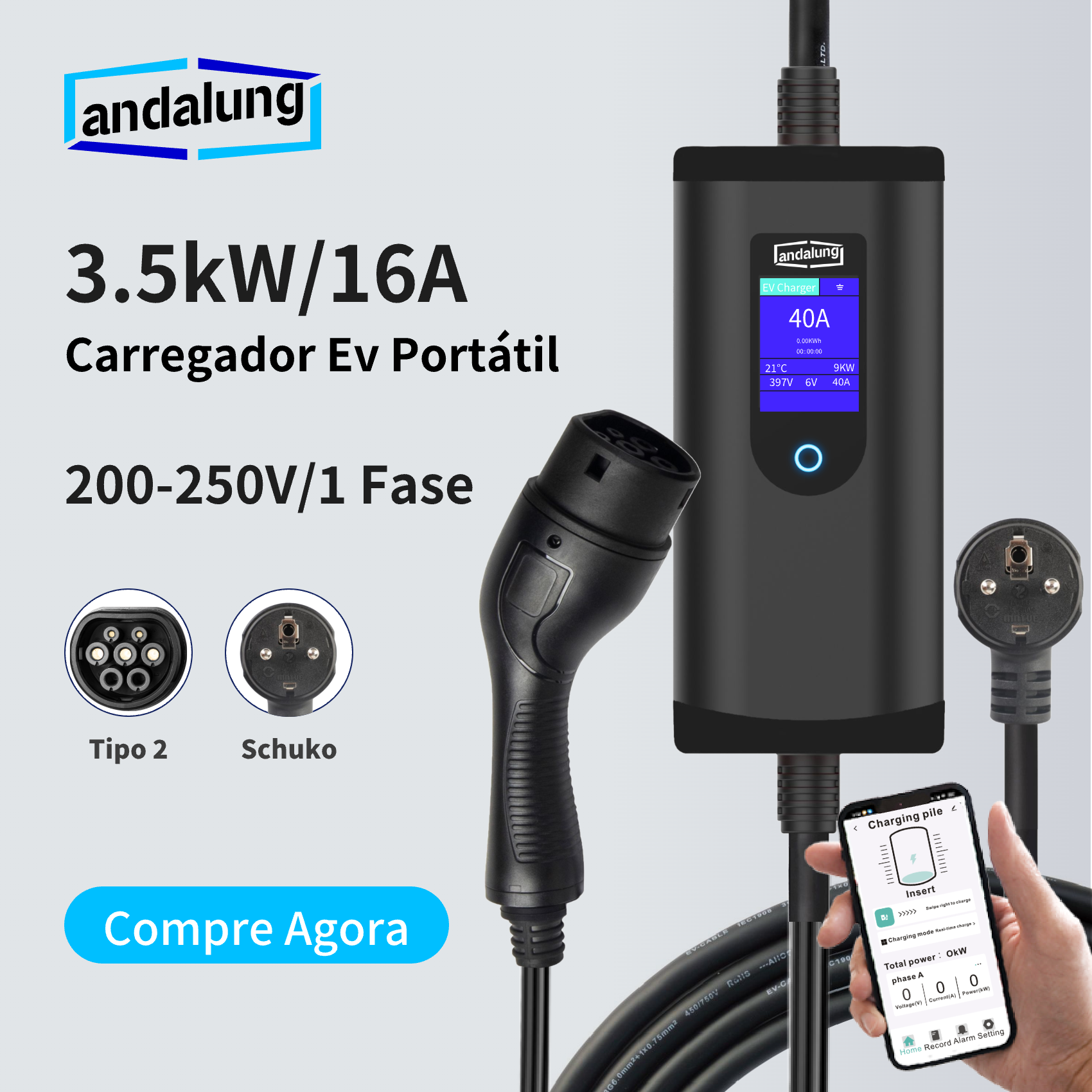 Andalung Carregador Portátil EV 3,7kW | App + Cabo 7m – Detalhe | Carregadores EV – Portátil | miio Store