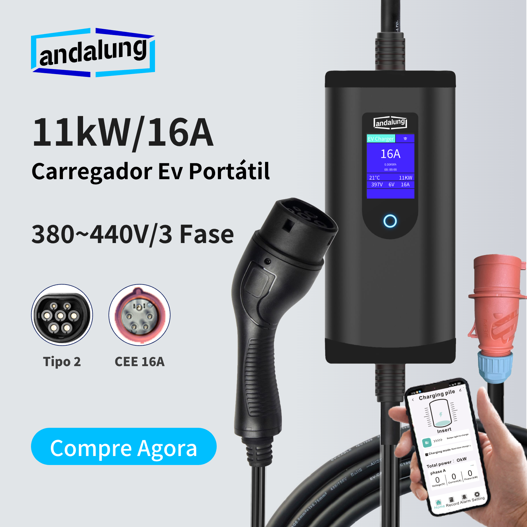 Andalung Portable EV Charger – 11 kW – 7 m Cable