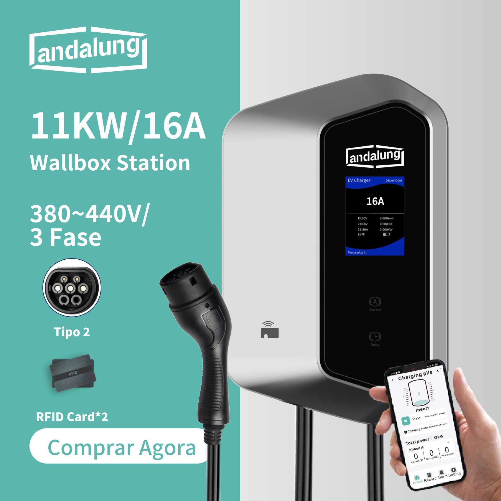 Wallbox Andalung – 7 kW / 11 kW – Wi-Fi e RFID