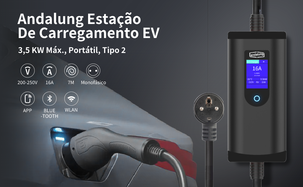 Andalung Carregador Portátil EV 3,7kW | App + Cabo 7m – Embalagem | Carregadores EV – Portátil | miio Store