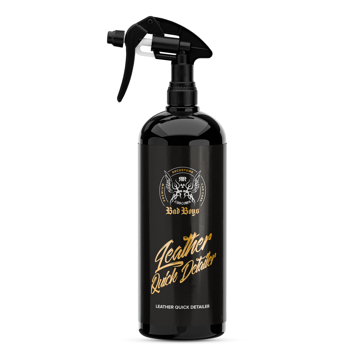 Leather Quick Detailer 1L – Flacon spray noir avec logo et étiquette dorée pour soin du cuir, vue de face | Soin Cuir | miio Store