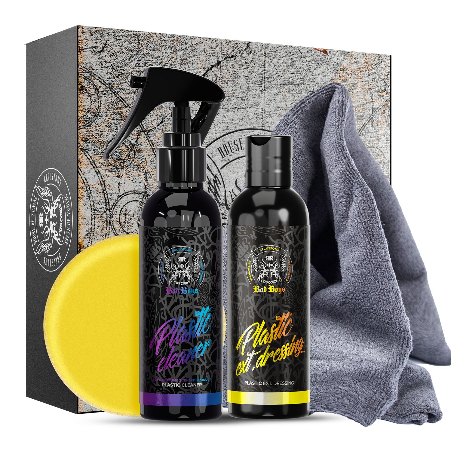 Coffret cadeau miio MINI Plastic Cleaner Set avec flacon vaporisateur à étiquette colorée, chiffon en microfibre gris et applicateur en mousse jaune