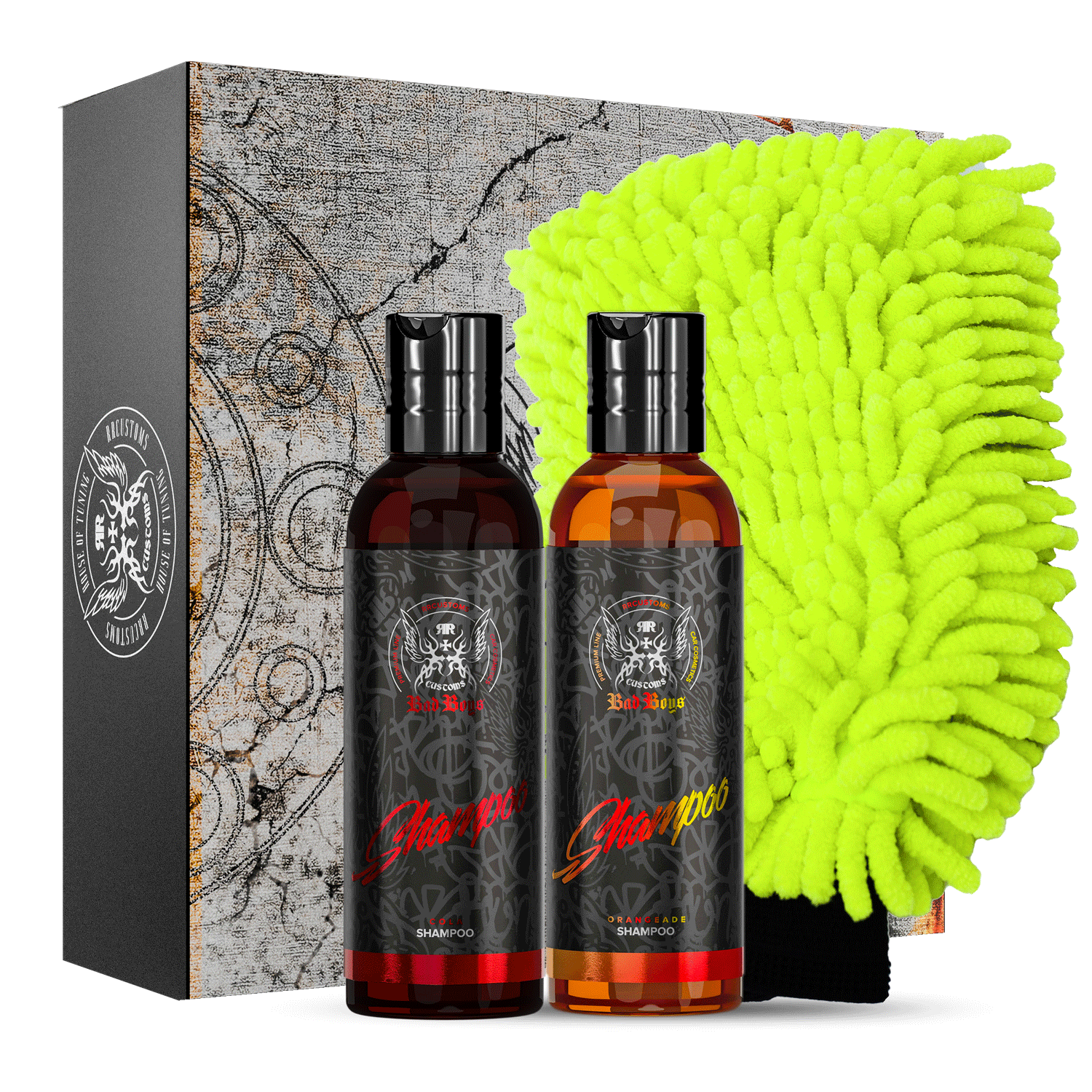 miio MINI Shampoo Set gift box featuring two dark glass shampoo bottles alongside a neon yellow-green chenille wash mitt
