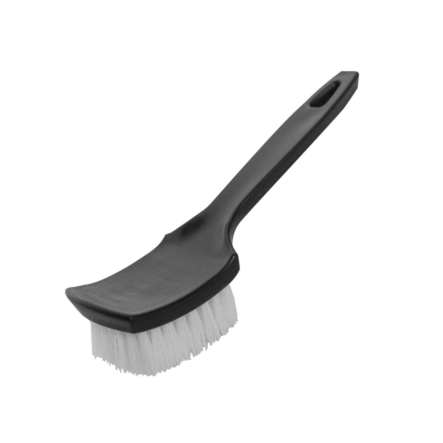 Tyre Cleaning Brush – Cepillo de mango negro curvo largo con cerdas blancas rígidas, diseñado para limpieza profunda de ranuras de neumáticos | Herramienta Auto | miio Store
