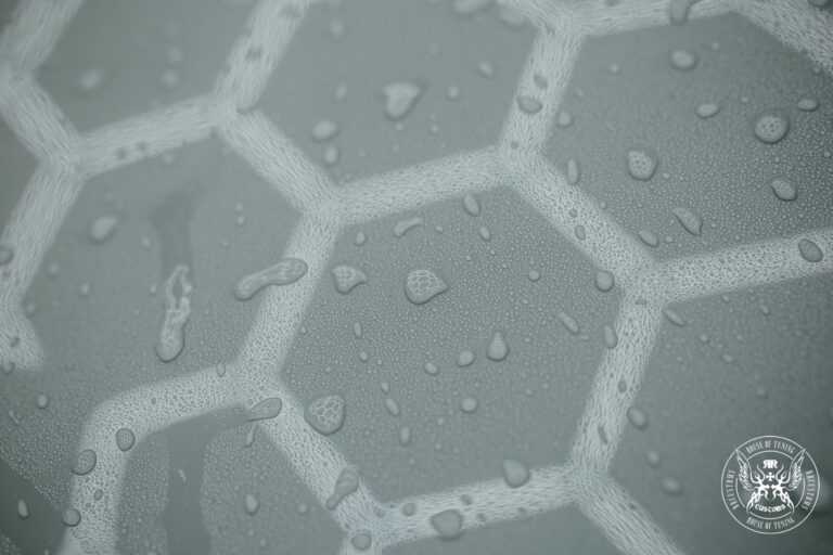 Quick Detailer 500ml – Macro close-up of water beads on car paint forming hexagonal pattern, showing hydrophobic protection | Car Detailing | miio Store