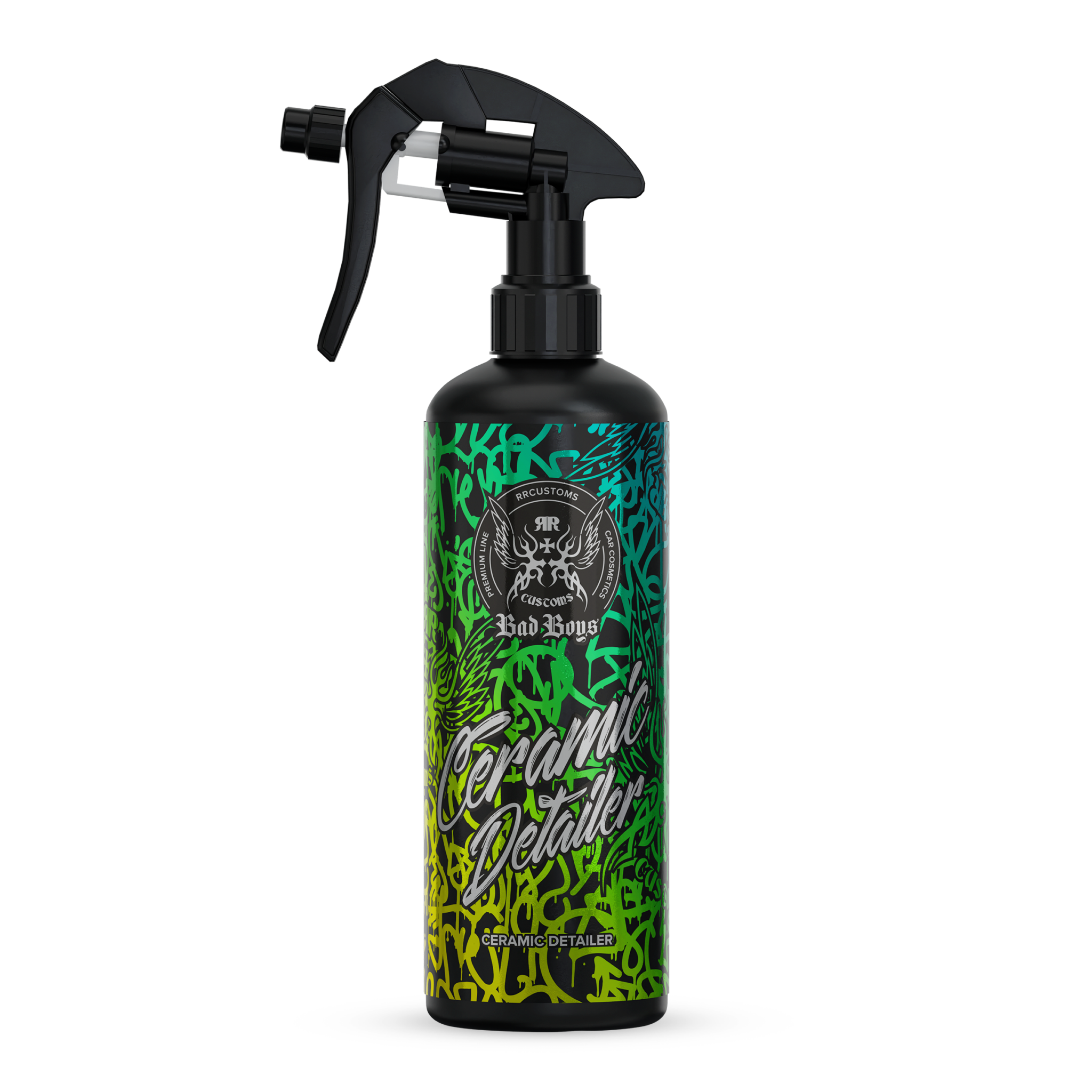 Ceramic Detailer 500ml – Frasco preto 500ml com rótulo street-art verde vibrante para proteção de pintura com cerâmica | Detailing Auto | miio Store