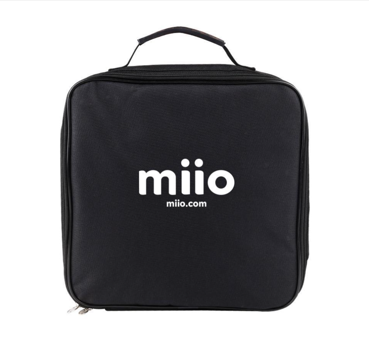 Compact black zip carry case with top handle and miio logo, included with the 22 kW EV charging cable for convenient transport and storage