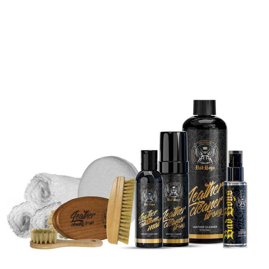 Leather Care Set PRO Strong – kit complet avec nettoyant, conditionneur et applicateurs
