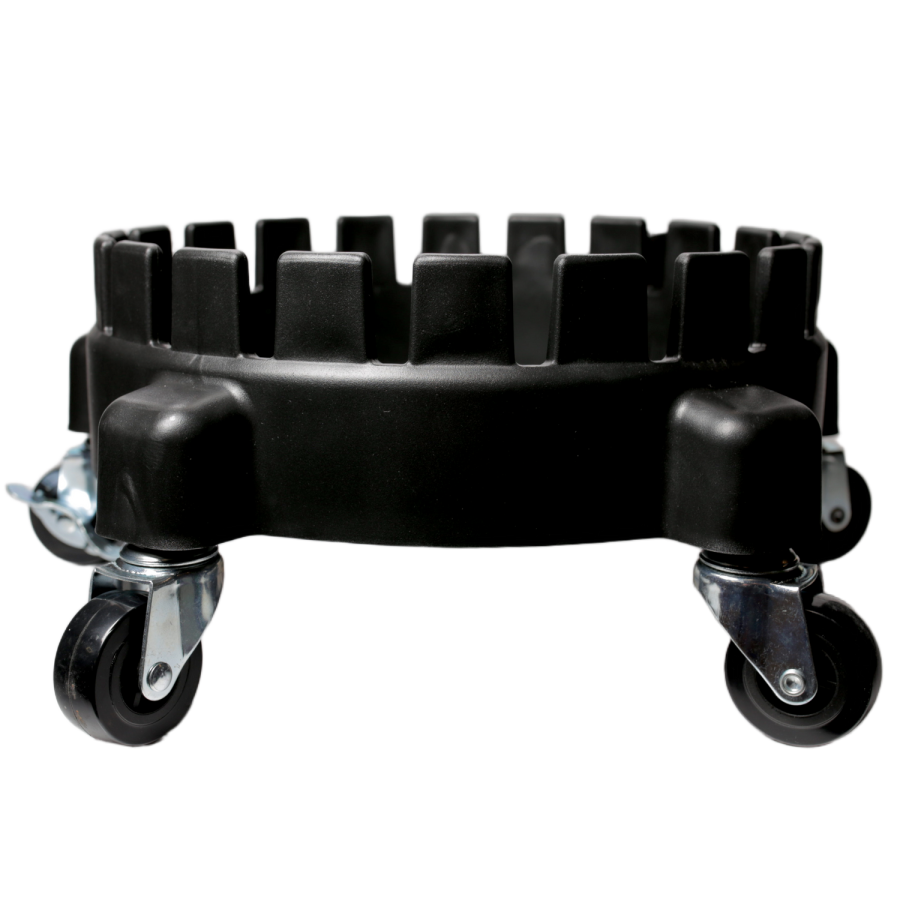 Sturdy black base with wheels for effortless movement of car wash buckets.