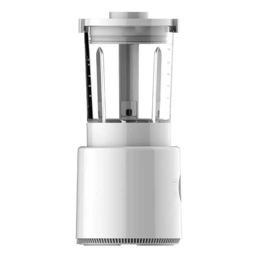 Liquidificador de bancada branco com recipiente transparente para misturar as suas receitas.